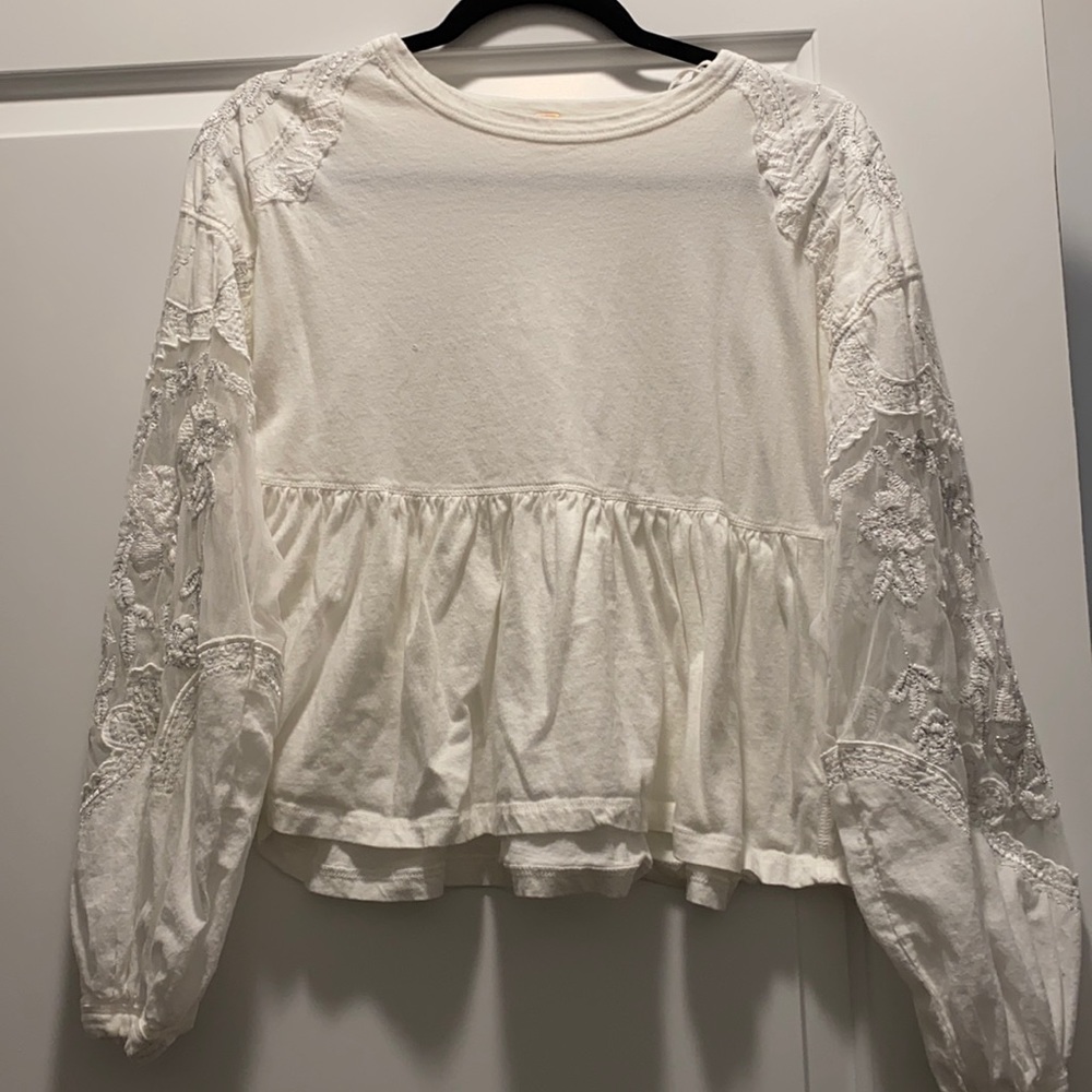 Free People Detailed White Long Sleeve Crop Top